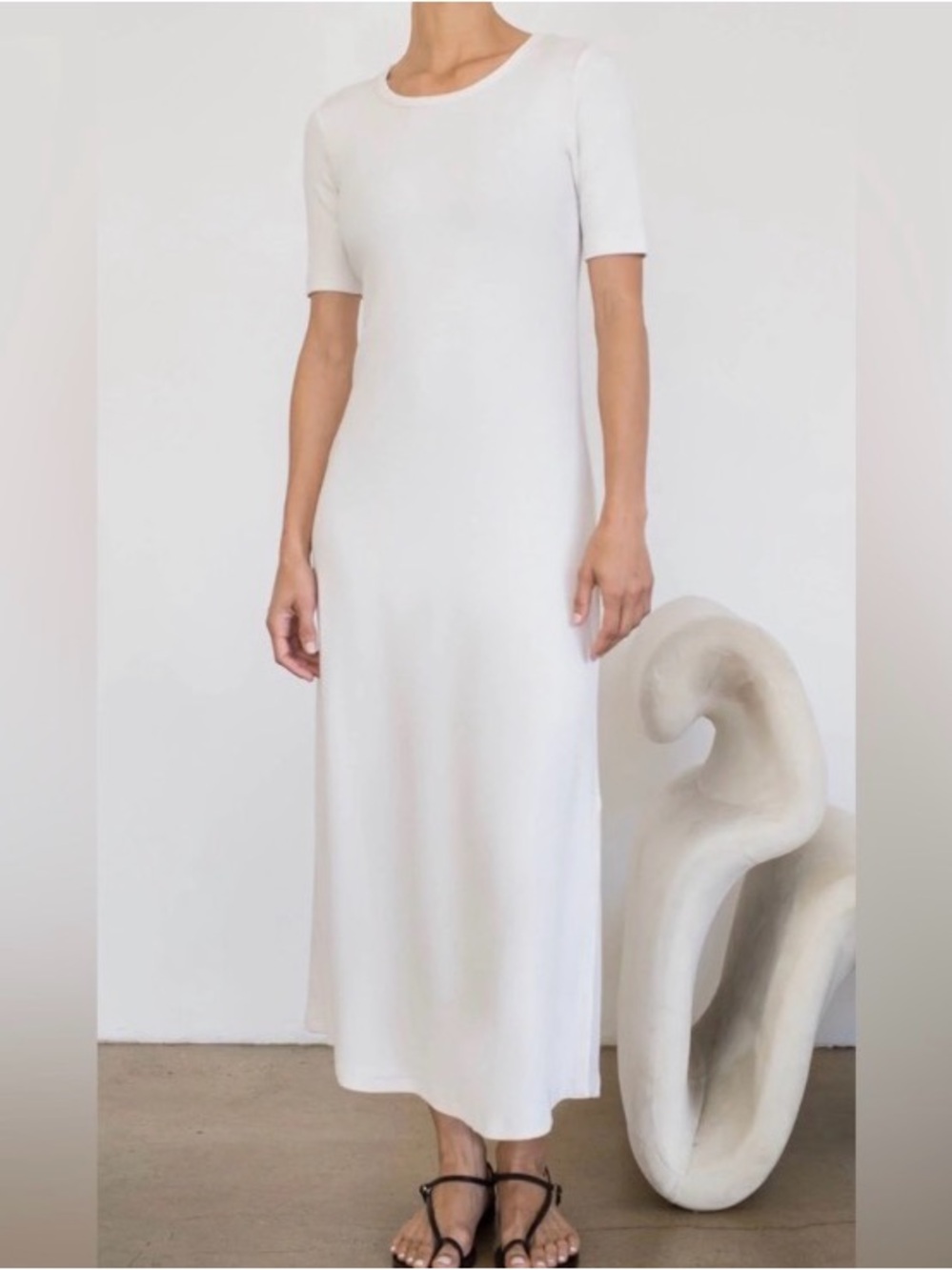 AYR THE MODERNE TEE SHIRT LONG DRESS SLIT SIDE CREAM WHITE SEASHELL COTTON SZ XS